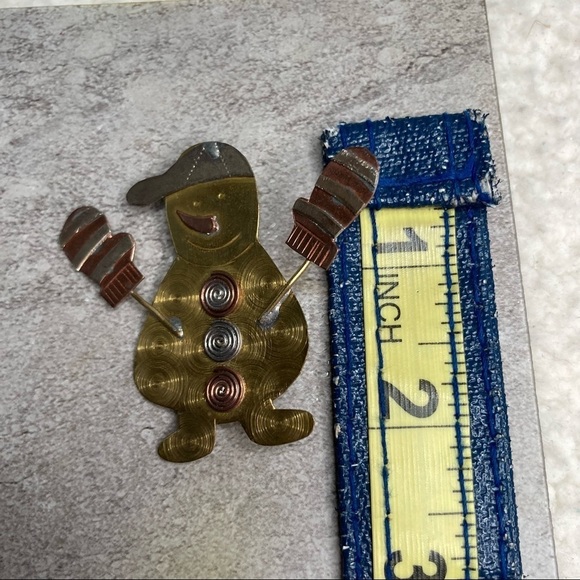 Whimsical Metal Snowman Brooch | Mixed Metal Holiday Pin - Picture 6 of 6
